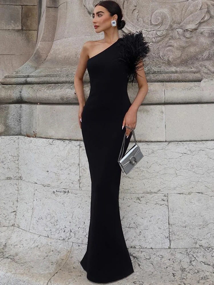 Dulzura Black Sleeveless One Shoulder Feather Maxi Dress For Women Bodycon Sexy Party Elegant Long Dress Birthday Evening Outfit