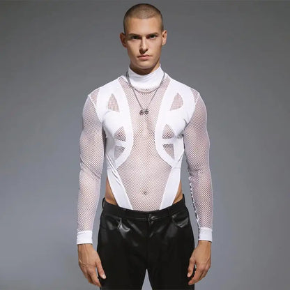 2023 Body pour hommes en maille patchwork sexy col roulé à manches longues t-shirts streetwear transparent mode body pour hommes INCERUN