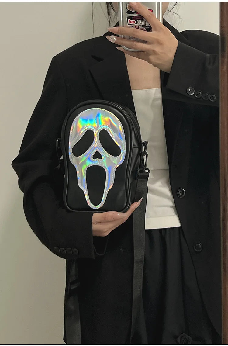 Bolso bandolera para hombre y mujer, estilo coreano, divertido bolso de hombro con calavera fantasma láser, bolso pequeño suave para teléfono móvil