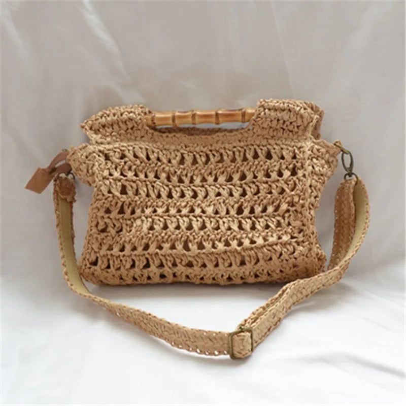 Bolsos de mano de paja con asa de bambú vintage, bolsos casuales tejidos con papel para mujer, bolsos cruzados hechos a mano para playa de verano, bolsos pequeños tipo cartera