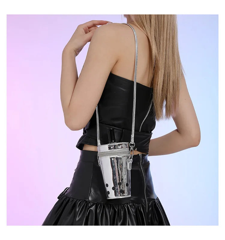 Bolso de hombro divertido para mujer, lindo bolso bandolera pequeño con forma de taza, bolso láser