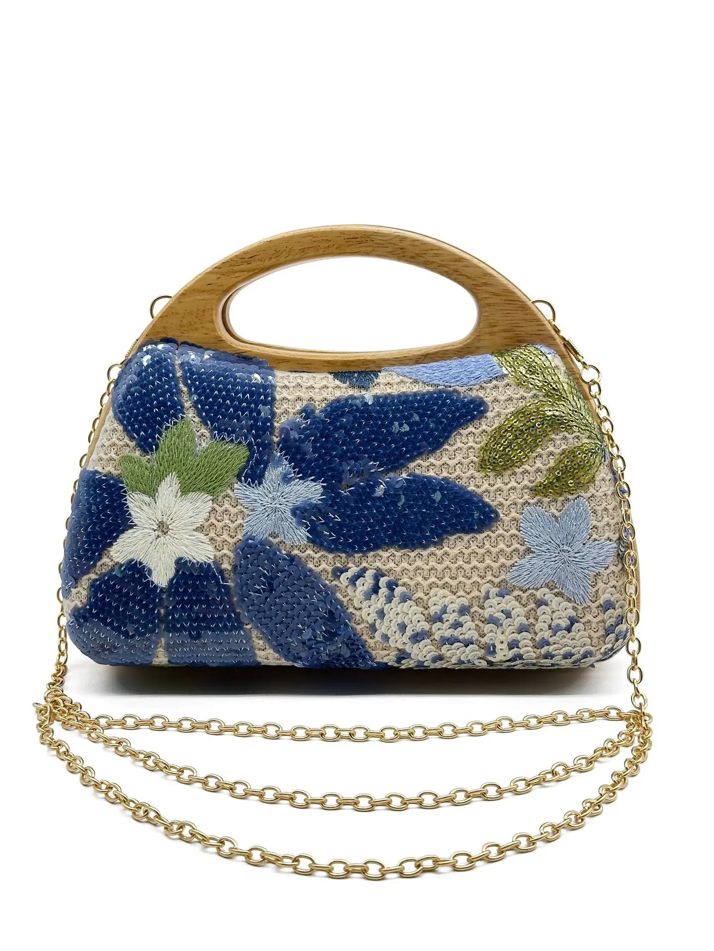 Shinny Sequins Embroidery Clutch Bag for Women Wooden Handle Handbags Flower Shoulder Crossbody Bag Luxury Evening Party Purses