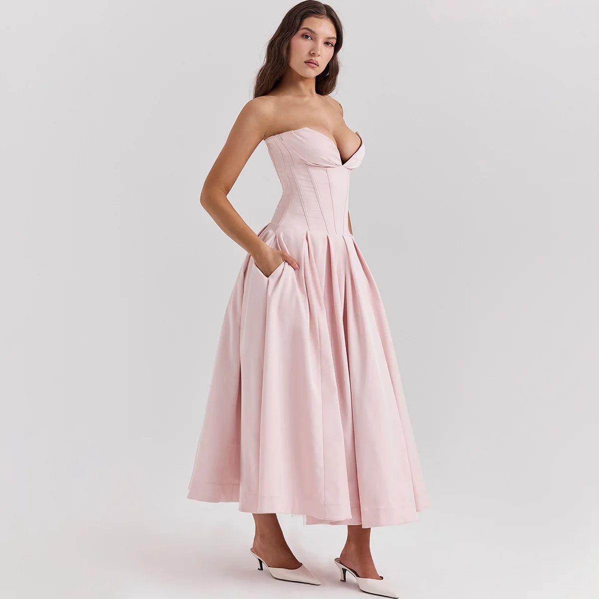 Suninheart Fashion Summer Dresses 2024 Pink Strapless Wedding Guest Long Corset Dress Elegant Flare Party Dresses Women Clothing