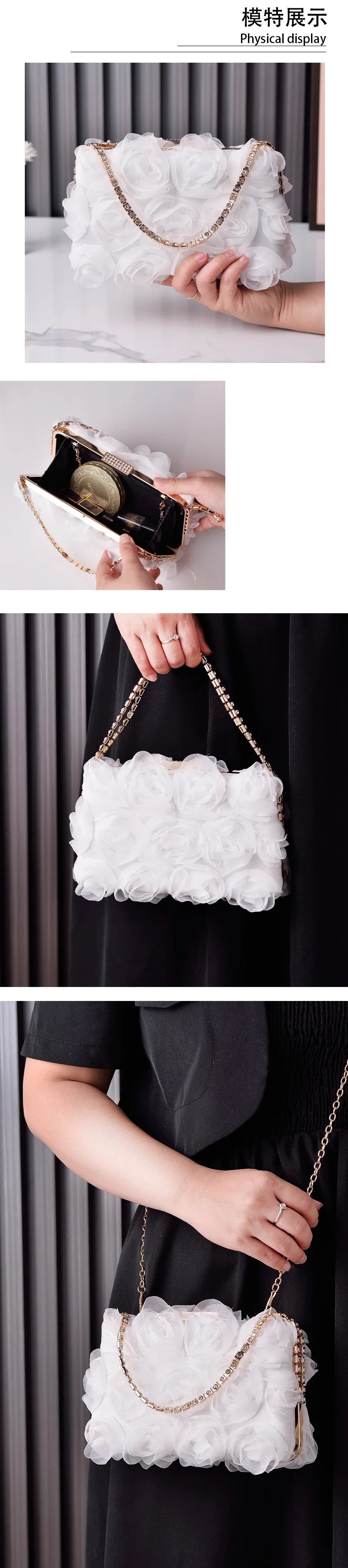 Bolso de banquete con flores de gasa, bolso cheongsam para mujer, bolsos de vestir hechos a mano, bolsos de joyería con diamantes, bolso y cartera de diseñador de lujo 2024