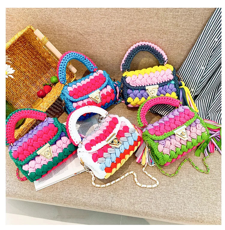 Fashion Colorful Crochet Women Handbags Trend Handmade Woven Chains Shoulder Crossbody Bag Small Flap Female Purses 2024