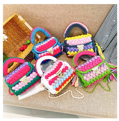 Fashion Colorful Crochet Women Handbags Trend Handmade Woven Chains Shoulder Crossbody Bag Small Flap Female Purses 2024