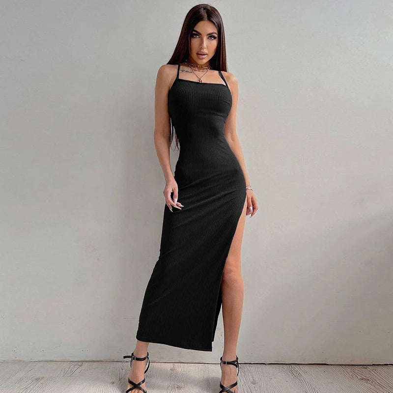 New Women Backless Bandage Bodycon Dress Summer Sexy Halter Neck Split Party Dresses Ladies Casual Solid Long Robe CC22157PF