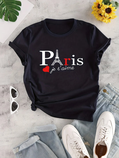 Camisetas con cuello redondo y estampado de letras de París para mujer, camisetas casuales de manga corta, camisetas casuales para todos los días, ropa para mujer, camisetas para mujer