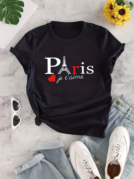 T-shirt à manches courtes et col ras du cou pour femme avec imprimé lettre Paris, haut décontracté pour tous les jours, vêtements pour femmes, hauts pour femmes