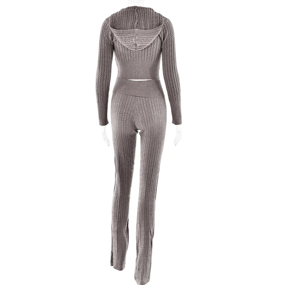 Suninheart Knitted Long Sleeve Zipper Hooded Women Two Piece Sets Thicken Sweater Skinny Long Pant Suit Solid Casual Sweatshirt