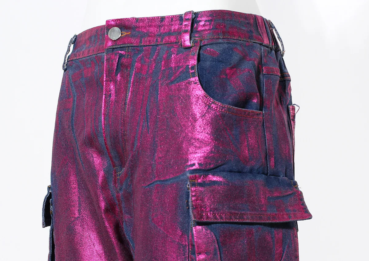 DEAT Fashion Women's Jeans Purple Hot Stamping High Wiast Multi Pockets Full-length Wide Leg Trouser Autumn 2024 New 7AB3206