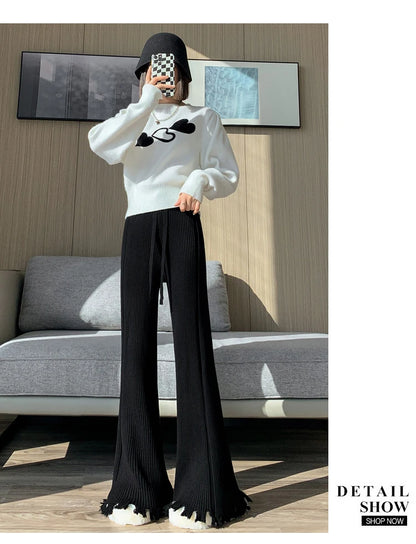 Suninheart Tassels Wide Leg Knitted Pants Women Winter Stripe Loose Trousers Femme Casual Full Length Warm Sweater Pants 2022