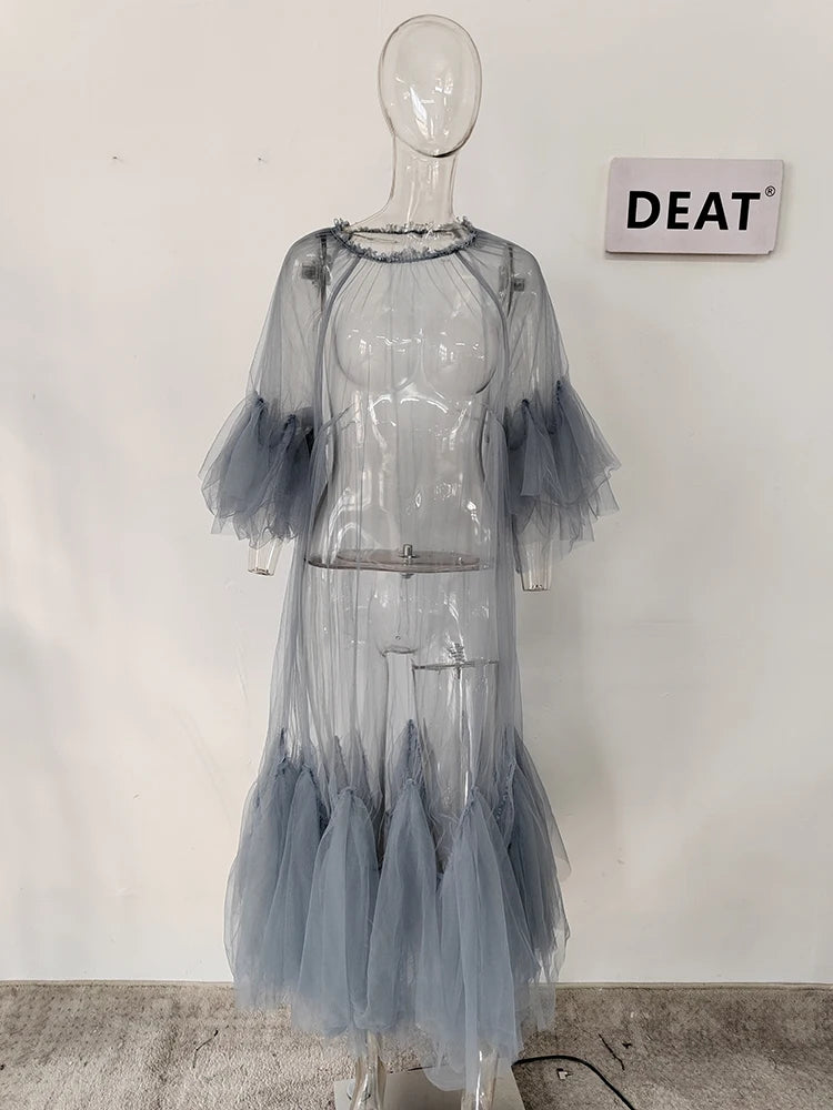 DEAT 2024 Summer Women's Dress New Fashion Round Neck Loose Gauze Spliced Ruffles Sleeve Ankle-length Dresses Female JR77101