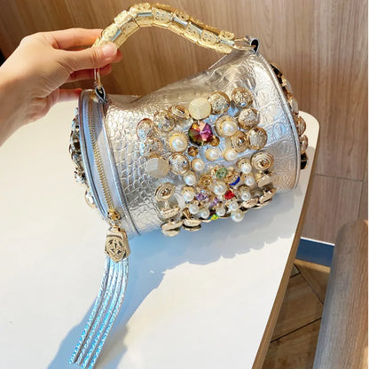 New Women's Bag Cylinder Handmade Shoulder Bag Water Diamond Bag Versatile One Shoulder Crossbody Bag Pillow Bag