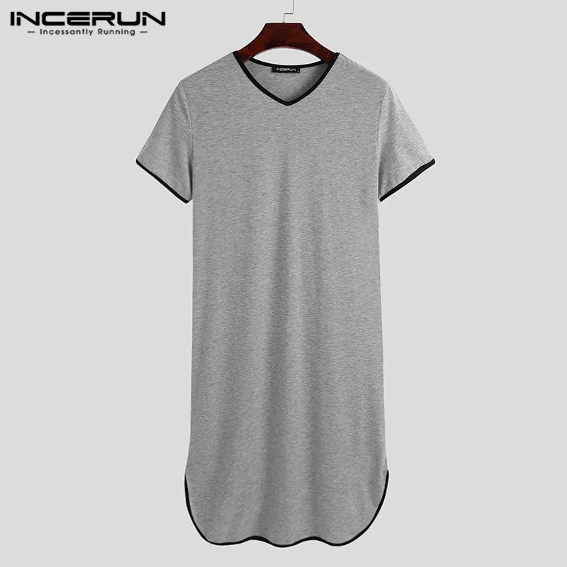 Fashion Men's Loose Sleepwear Casual Solid Nightgown INCERUN Patchwork Sleep Robes Short Sleeve V-Neck Homewear Robes S-5XL 2024