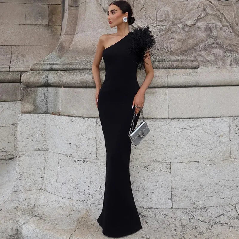 Dulzura Black Sleeveless One Shoulder Feather Maxi Dress For Women Bodycon Sexy Party Elegant Long Dress Birthday Evening Outfit