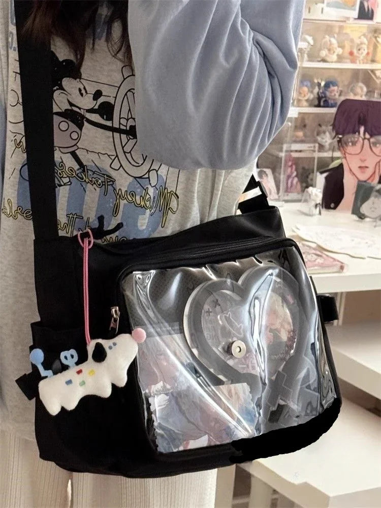 Bolso de hombro tipo libro para mujer de Itabag, bolso cruzado japonés Y2K para chicas de secundaria, bolso de mensajero con bolsillo transparente