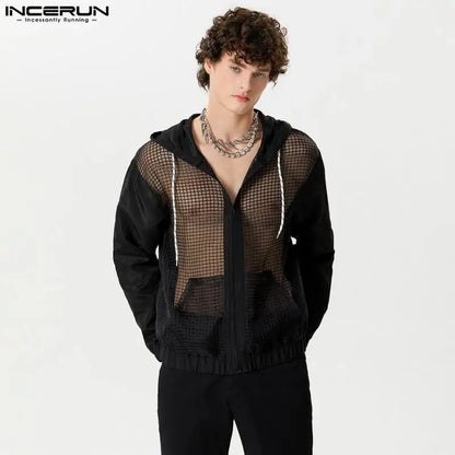 2024 Camisa de hombre de malla de retazos transparente con capucha, cuello en V, cremallera, manga larga, ropa de calle para hombre, camisas de moda sueltas INCERUN