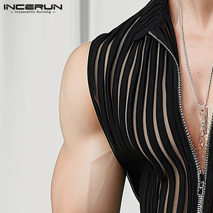 Fashion Casual Style Tops INCERUN Men's Vertical Stripe Perspective Zipper Vests Sexy Male Thin Sleeveless Tank Tops S-5XL 2024