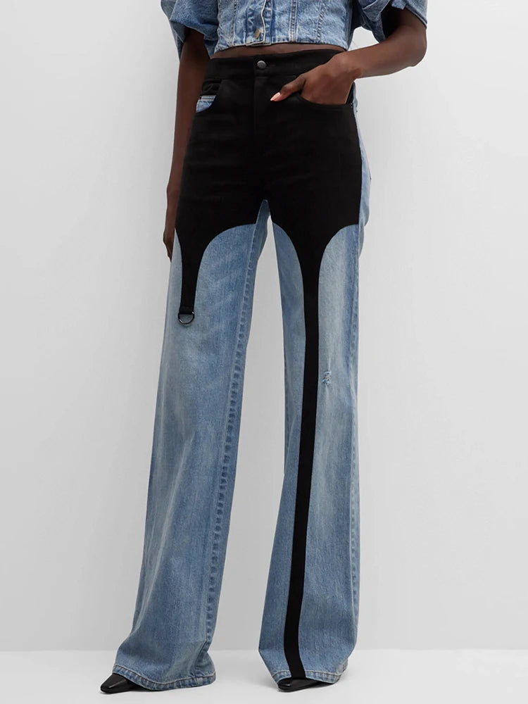 DEAT Fashion Pantalon en jean pour femme taille haute avec coutures contrastées noires et bleues, longueur au sol, jambes larges, automne 2024, nouveau 7AB763