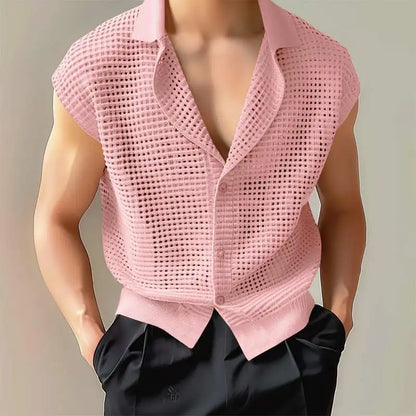 Chemise pour homme 2024, ajourée, maille transparente, solide, revers, sans manches, vêtements d'été pour hommes, streetwear, gilets décontractés, chemises INCERUN