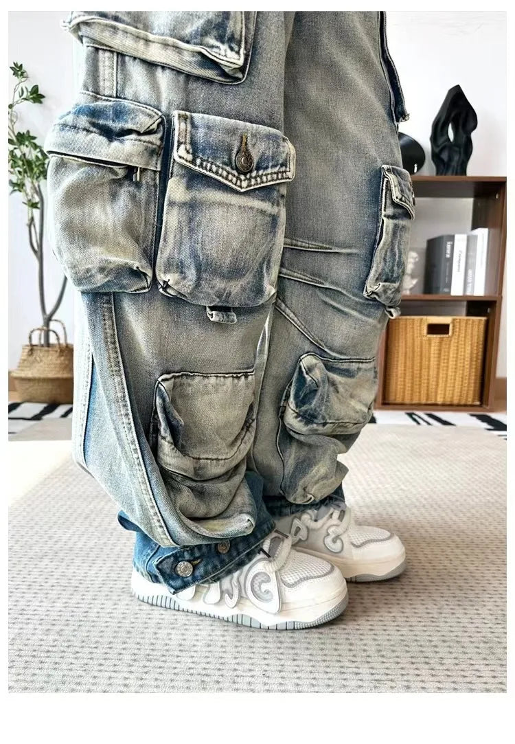 DEAT Fashion Women's Jeans High Waist Multiple Pockets Water Wash Gradient Streetwear Denim Cargo Pants Spring 2024 New 7AB3332