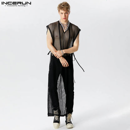 Hauts de style décontracté élégant INCERUN pour hommes Sexy Transparent Mesh Long-style Débardeurs Homme Col en V Sangle Sans Manches Gilets Minces S-5XL