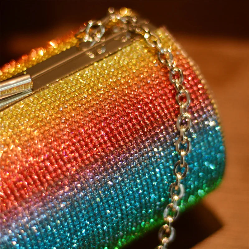 Bolso de noche con diamantes de imitación de arcoíris para mujer, bolso de mano de lujo para fiesta, bolso de mano para boda, bolso de hombro cilíndrico con diamantes