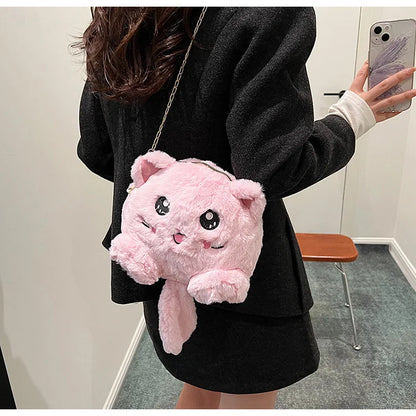 Bolso estilo japonés rosa kawaii para mujer, bolso de hombro de felpa con dibujos de gato para mujer, bolso cruzado, bolso pequeño para teléfono y cartera, novedad de 2024