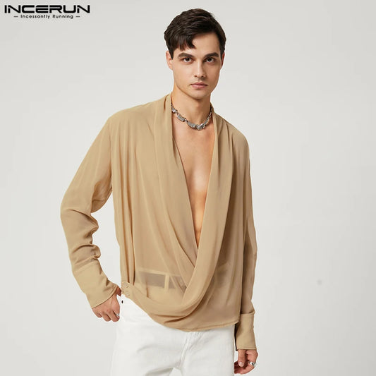 Casual Well Fitting Tops INCERUN 2024 New Men's Fashion Bright Stripes Pile Shirts Stylish Solid Cross Long Sleeve Blouse S-5XL