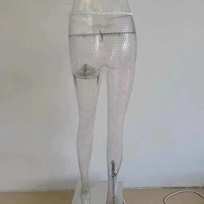 Pantalon en maille de diamant en cristal solide et sexy pour femme, pantalon d'été sexy ajouré transparent et ample en résille, nouveau pantalon de plage 2024