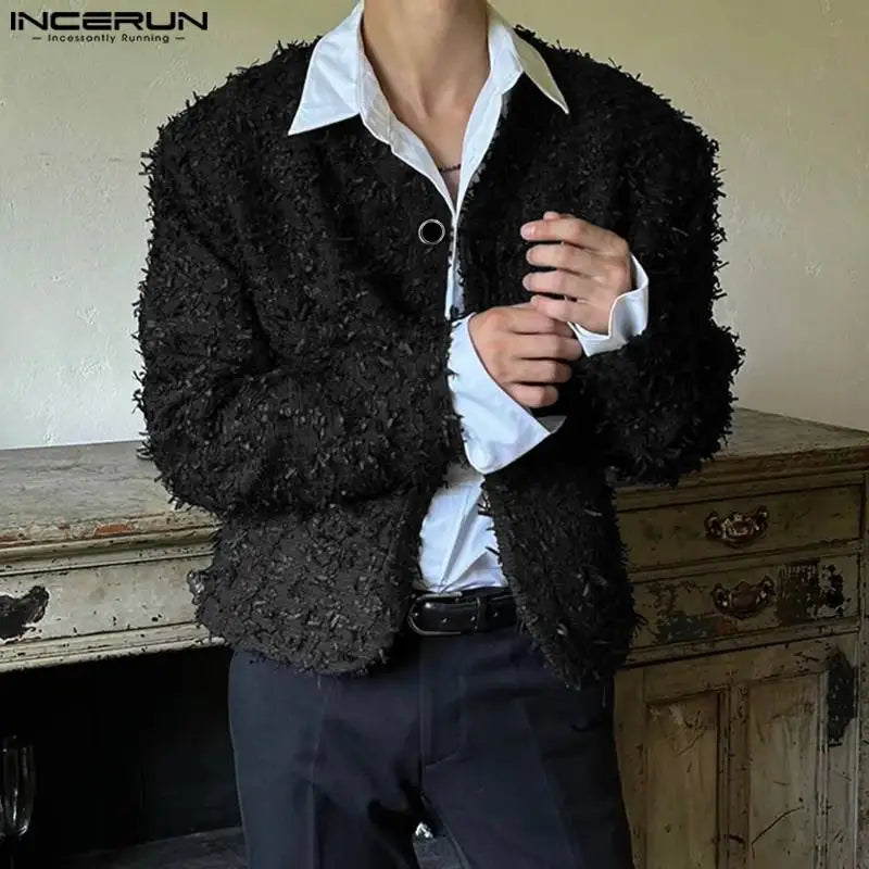 2023 Men Blazer Plush V Neck Long Sleeve Button Fashion Male Suits Loose Korean Style Streetwear Casual Thin Coats S-5XL INCERUN