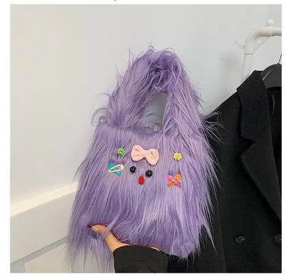 Sacs en peluche pour femmes Y2k Hot Girls Diy Sac seau en fausse fourrure Mode Femme Fourrure Sac à main Fourre-tout Sacs à main