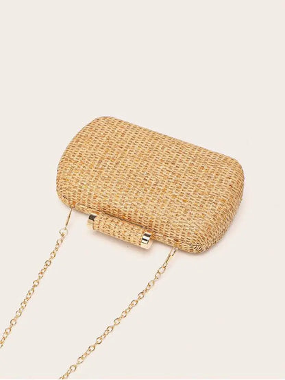 Fashion Mini Minimalist Braided Design Straw Bag Summer Party Purses Vintage Beach Bags Box Chains Shoulder Crossbody Bag 2024