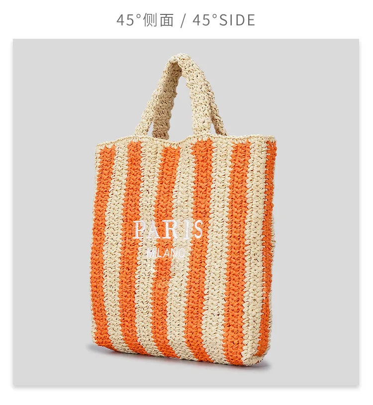 Casual Striped Straw Tote Bag Designer Letters Woven Women Handbags Handmade Summer Beach Bag Big Bali Travel Shopper Purse 2024