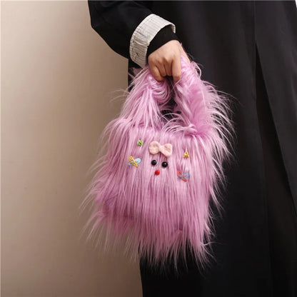 Sacs en peluche pour femmes Y2k Hot Girls Diy Sac seau en fausse fourrure Mode Femme Fourrure Sac à main Fourre-tout Sacs à main