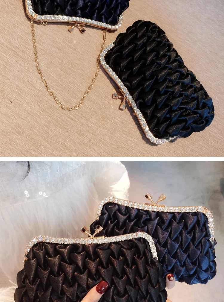 Women Evening Bag Classical Black Clutch Bag Rhinestone Satin Banquet Bag Bride Clutch Bag