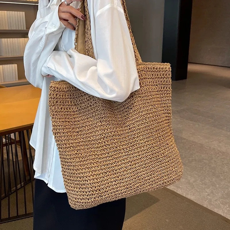 Bolso de mano informal de paja de gran capacidad, tejido para mujer, bolsos de hombro hechos a mano para playa de verano, bolsos grandes tipo shopper Bali 2024