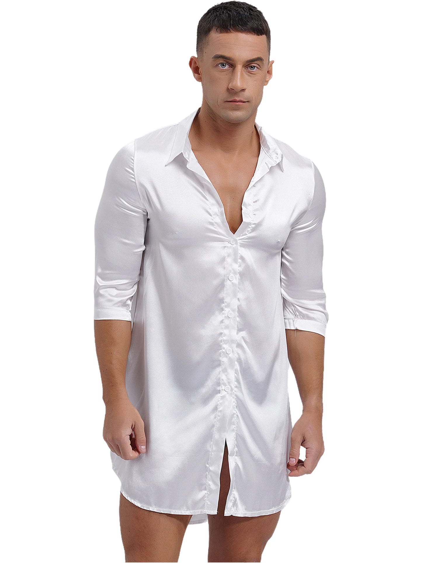 Chemise en satin de soie pour homme Sissy, couleur unie, longue robe portefeuille, peignoir, kimono, chemise de nuit, pyjama, vêtements de nuit, vêtements de détente