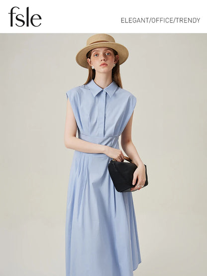 Vestido elegante sin mangas FSLE de algodón para mujer, vestido largo de verano 2024, vestido camisero minimalista azul caqui 24FS12337