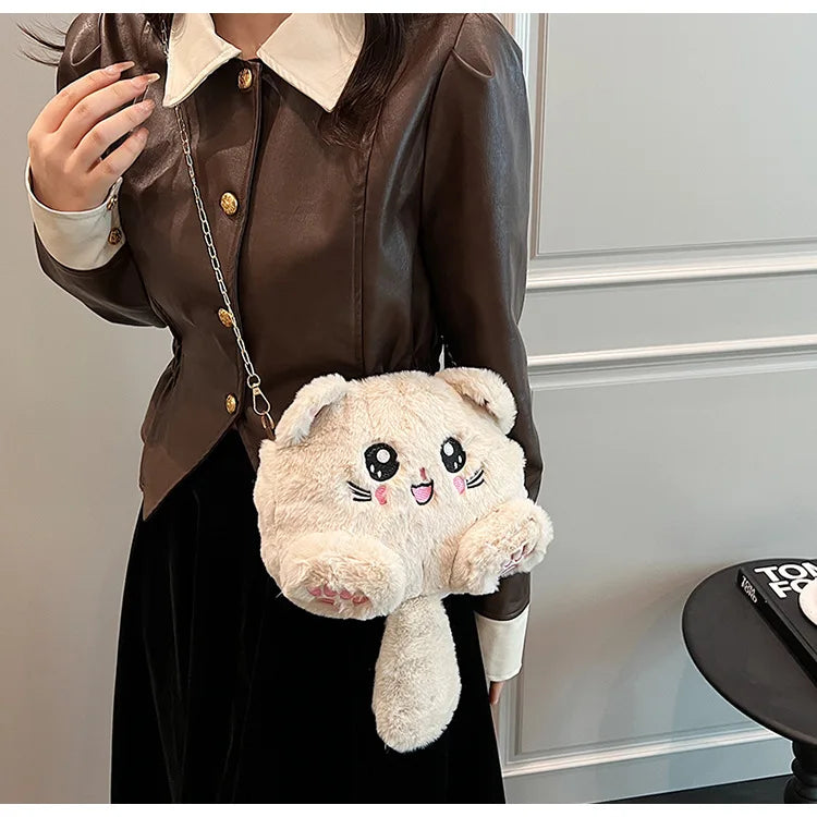 Bolso estilo japonés rosa kawaii para mujer, bolso de hombro de felpa con dibujos de gato para mujer, bolso cruzado, bolso pequeño para teléfono y cartera, novedad de 2024