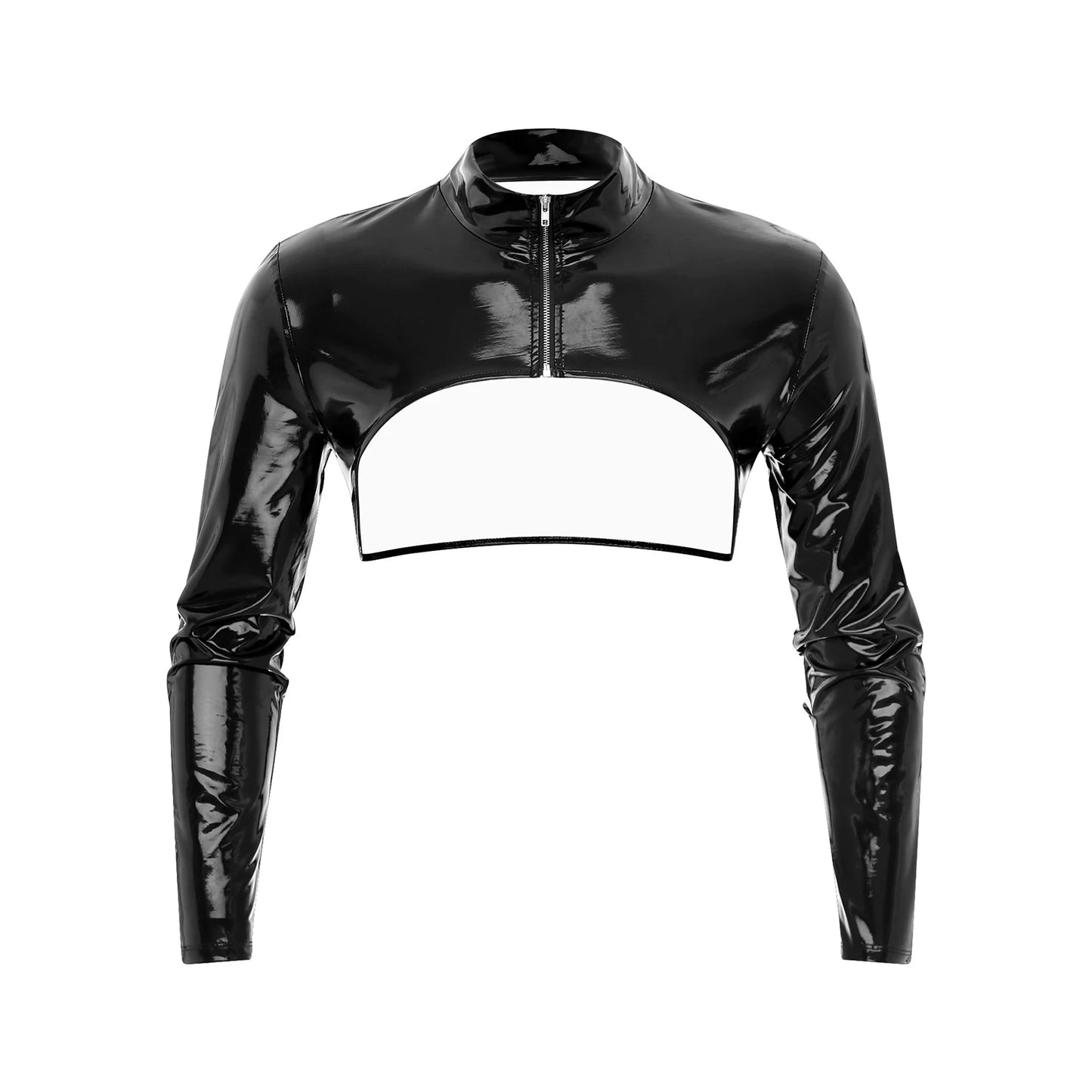 YiZYiF Sexy Mens Wetlook Leather Muscle Tank Top Gay Male Party Clubwear Stage Costume Zipper Shiny Long Sleeve Crop Tops