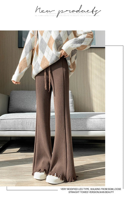 Suninheart Tassels Wide Leg Knitted Pants Women Winter Stripe Loose Trousers Femme Casual Full Length Warm Sweater Pants 2022