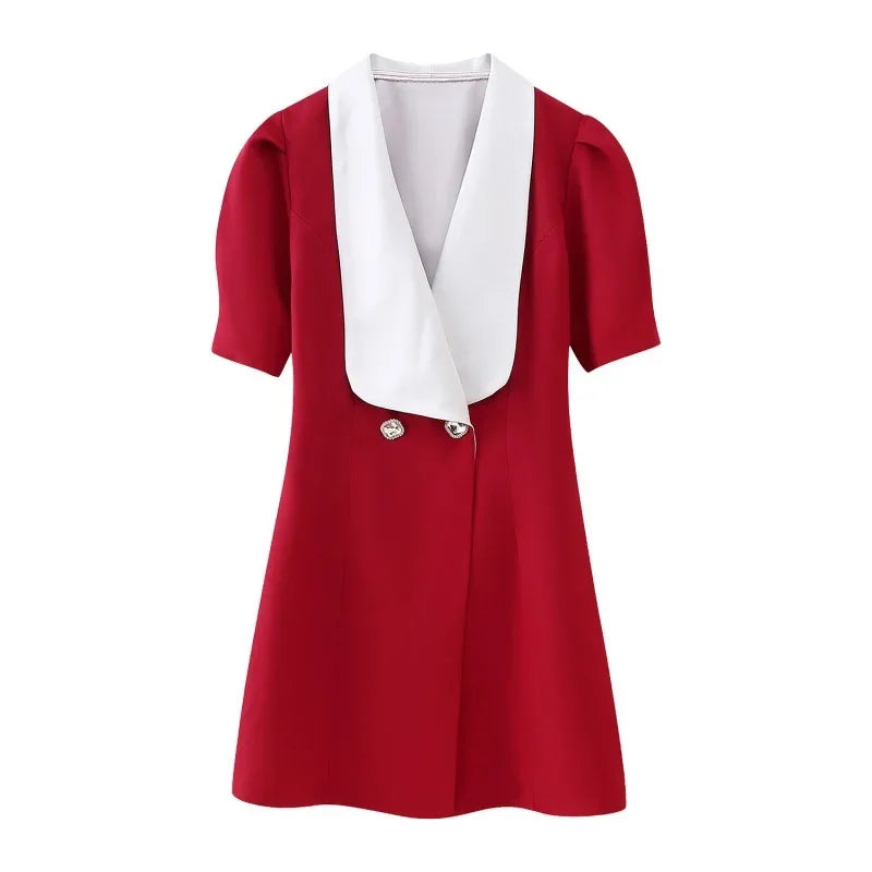 Suninheart - Vestido tipo blazer sexy con mangas abullonadas y aberturas, vestido rojo mini con cuello vuelto, vestido de oficina para mujer, ropa de mujer 2024