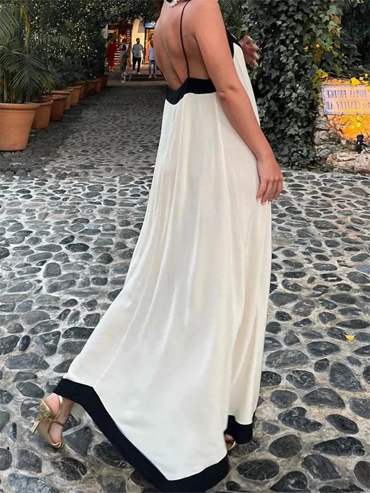 Vestido holgado con tirantes finos para mujer, vestido largo plisado sin espalda con contraste de color, vestidos elegantes de verano para fiesta y noche, ropa de calle