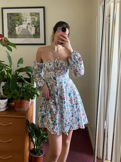 Clearance Sale !! Summer Lantern Sleeve Dress Long Sleeve Floral Print Dress Drawstring Elegant A Line Party Holiday Dress Women