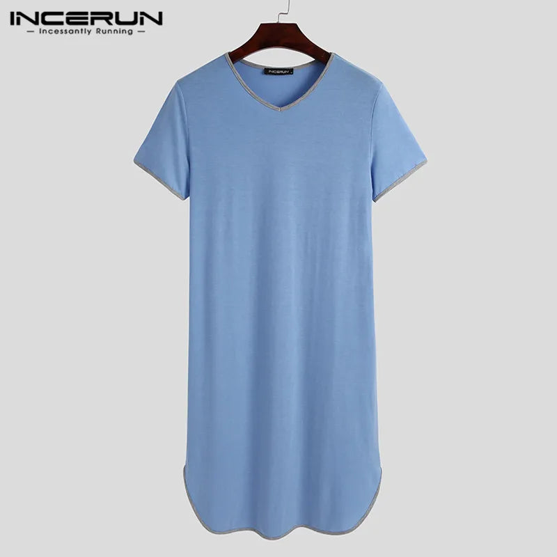 Fashion Men's Loose Sleepwear Casual Solid Nightgown INCERUN Patchwork Sleep Robes Short Sleeve V-Neck Homewear Robes S-5XL 2024