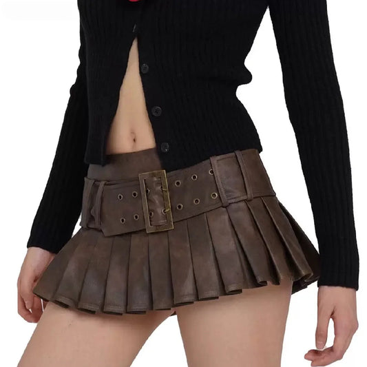 Suninheart 2024  Retro Buckle Belt Low Waist PU Skirt with Shorts Lining Sexy Leather Pleated Mini Brown