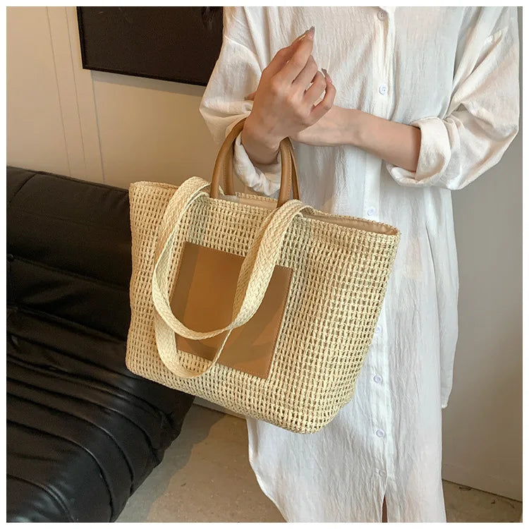 Casual Large Capacity Straw Tote Bag Hollow Paper Weave Women Shoulder Bags Handmade Summer Beach Handbag Big Bali Shopper Purse