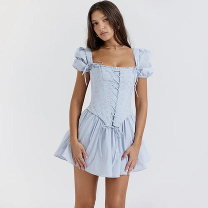 Suninheart Summer Blue Puff Sleeve Corset Dress Mini Elegant A Line Lace Up Holiday Party Dress Square Neck Women Dress 2023